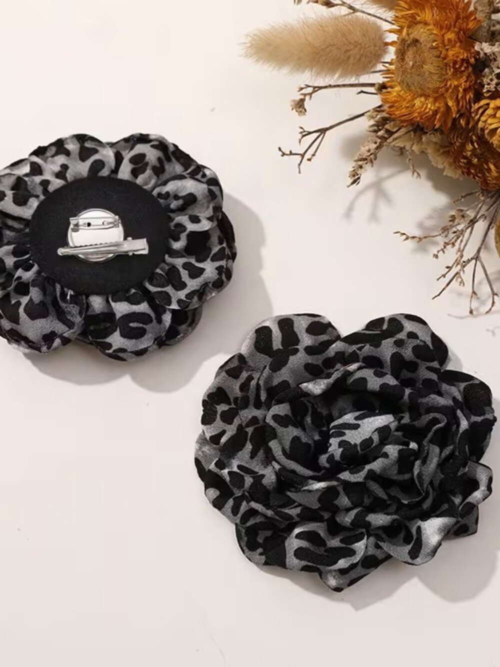 Leopard Print Camellia Brooch or Hair Clip in Gray and Black Z265